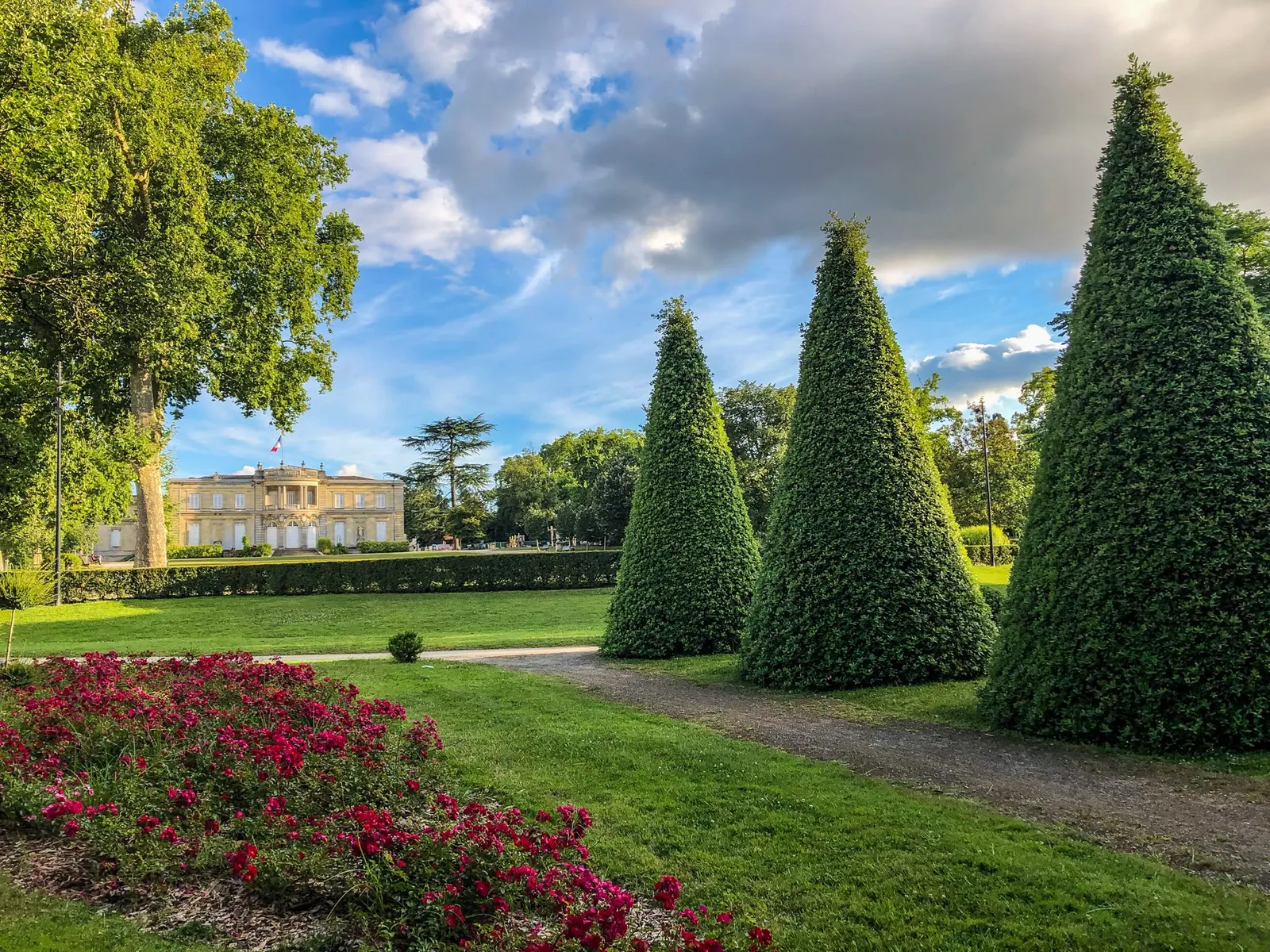 Le parc de la mairie de Talence en fin de journée : trois ifs taillés en cônes et un massif de roses rouges au premier plan, le château en arrière-plan.